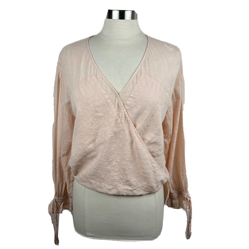 Allsaints Penny Top S Womens Soft Pink Wrap Long Sleeves Cotton Blend V Neck
